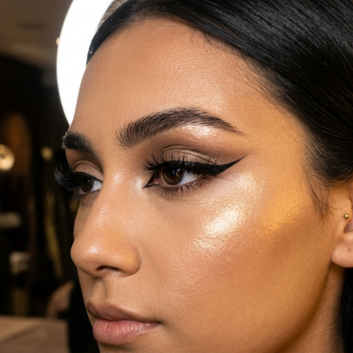 A hyper-realistic 8k close-up portrait of a woman, captured with an 85mm macro lens to emphasize intricate facial details. The lighting is masterfully executed with a soft-yet-directional beauty key light that creates a subtle, flattering glow on the high points of her cheekbones. Her complexion is flawless, boasting a dewy, luminous finish with a natural sheen that highlights the texture of her skin. Her features are defined by sophisticated, sharp graphic eyeliner that accentuates the almond shape of her eyes, complemented by perfectly groomed, full eyebrows. The aesthetic is one of modern, refined elegance, focusing on the precision of professional makeup artistry. The background is a soft-focus, luxurious interior, providing a shallow depth of field that keeps the viewer's attention entirely on the subject's poised, serene expression.