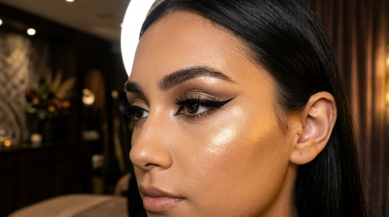 A hyper-realistic 8k close-up portrait of a woman, captured with an 85mm macro lens to emphasize intricate facial details. The lighting is masterfully executed with a soft-yet-directional beauty key light that creates a subtle, flattering glow on the high points of her cheekbones. Her complexion is flawless, boasting a dewy, luminous finish with a natural sheen that highlights the texture of her skin. Her features are defined by sophisticated, sharp graphic eyeliner that accentuates the almond shape of her eyes, complemented by perfectly groomed, full eyebrows. The aesthetic is one of modern, refined elegance, focusing on the precision of professional makeup artistry. The background is a soft-focus, luxurious interior, providing a shallow depth of field that keeps the viewer's attention entirely on the subject's poised, serene expression.