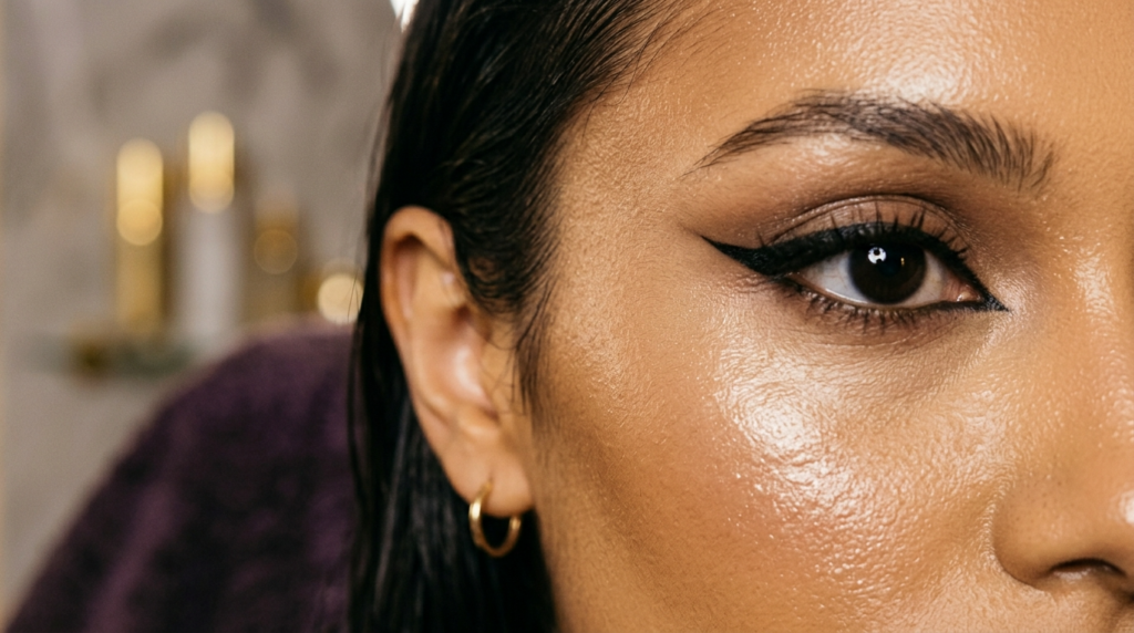 A hyper-realistic, 8K macro editorial beauty shot captured with an 85mm prime lens, focusing on the refined profile of a woman. The lighting is sophisticated and directional, employing soft-yet-defined highlights that accentuate the high points of the cheekbone and temple, creating a subtle, sculpted contour. The skin texture is rendered with exquisite detail, showcasing a dewy, luminous complexion with a natural moisture sheen and micro-porosity that speaks to an organic, high-end finish. The subject features a sharp, precision-applied cat-eye eyeliner that elongates the eye, paired with groomed, feathery brows. Wet-look, slicked-back hair frames the face, contrasting with the soft, out-of-focus background that hints at a luxurious, dimly-lit vanity setting. A minimalist gold hoop earring provides a delicate metallic accent, completing a composition defined by intimacy, luxury, and professional studio precision.