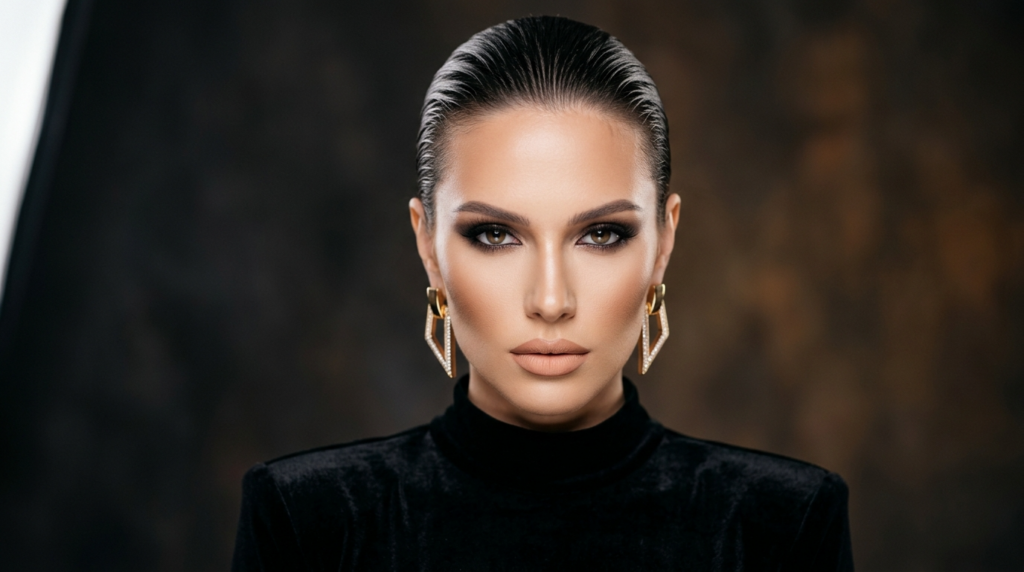 A hyper-realistic 8k portrait of a woman with a sharp, editorial gaze, captured with an 85mm portrait lens to produce a shallow depth of field and exquisite focus on facial symmetry. The lighting is sophisticated and directional, using a hard-light source from the left that creates dramatic, subtle shadows, emphasizing the sharp contours of her cheekbones and jawline. The subject displays high-fashion poise, with her hair slicked back in a glossy, wet-look style that complements her flawless, matte-finish skin. She is wearing a structured, high-neck black velvet garment that adds a tactile, luxurious depth to the composition. Her look is accented by geometric, gold-toned earrings featuring intricate crystalline detailing. The background is a moody, out-of-focus textured dark canvas, creating a sophisticated noir atmosphere that isolates the subject and underscores the image's overall aesthetic of refined, modern elegance.