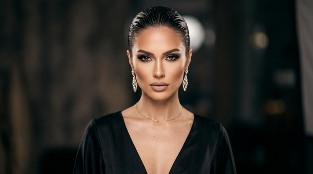 A hyper-realistic 8K editorial portrait of a woman with a striking, symmetrical facial structure, captured with an 85mm portrait lens to emphasize sharp features and depth of field. Her hair is styled in a sleek, wet-look, slicked-back aesthetic that highlights her chiseled cheekbones and intense, confident gaze. The lighting is masterfully executed with a refined side-lighting technique, creating dramatic, soft-focus contours along her jawline and neck while maintaining balanced illumination. Her skin displays a flawless, radiant finish with subtle luminosity and a high-end matte texture. She wears an elegant, deep V-neck garment made of high-quality black satin that drapes smoothly, complemented by sophisticated diamond-encrusted drop earrings and a delicate gold chain. The composition is centered, set against a dark, moody, and out-of-focus background that enhances the luxurious, high-fashion noir atmosphere of the image.