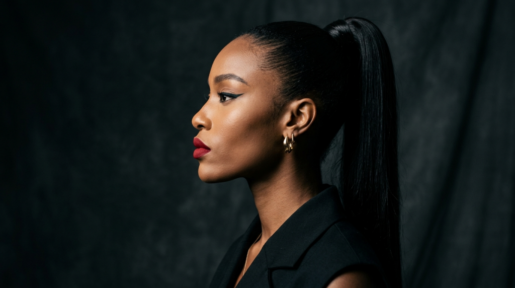 A hyper-realistic, 8k editorial portrait of a woman in profile, captured with an 85mm prime lens for razor-sharp clarity and flattering compression. The lighting is masterfully executed using a side-angle hard-light source, creating dramatic shadows that contour her high cheekbones, jawline, and the elegant slope of her neck. She features a statuesque, poised posture with refined, sculpted facial features. Her skin possesses a natural, subtle luminescence with a clean, smooth texture, highlighted by a bold red lip and sharp cat-eye eyeliner. She is dressed in a structured, high-quality black tailored garment, complemented by a minimalist gold hoop earring that catches the light. The composition is focused on the subject against a moody, textured charcoal-grey backdrop, evoking a sophisticated, modern noir aesthetic.