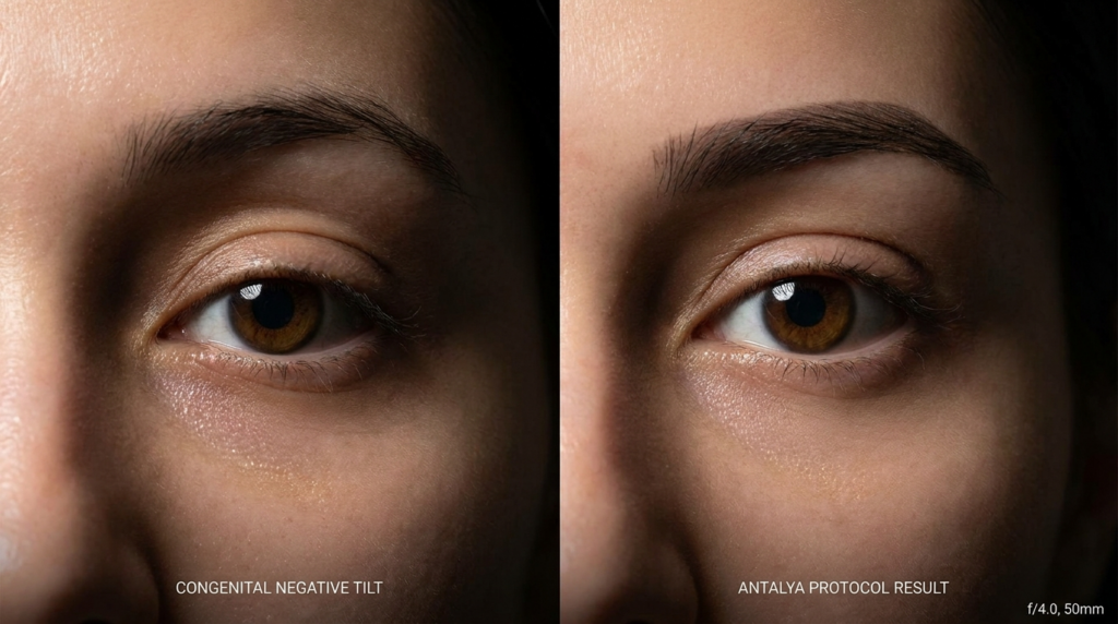 A split-screen comparative medical aesthetic photograph, captured with a 50mm lens at f/4.0, delivering hyper-realistic, 8k resolution detail. The image features a clinical close-up of a female eye area, focusing on the canthal tilt and periorbital region. The lighting is characterized by a precise, directional soft-side light that carves out the anatomical structure, highlighting the subtle transitions in the skin. The skin texture is rendered with clinical fidelity, showcasing natural pores, delicate luminescence, and realistic skin tone variations without excessive retouching. The left panel, labeled 'CONGENITAL NEGATIVE TILT', contrasts with the right panel, labeled 'ANTALYA PROTOCOL RESULT', which demonstrates a corrected, neutral-to-positive canthal alignment. The composition is minimalist and professional, set against a dark, neutral backdrop that emphasizes the ocular anatomy and the refined, restorative outcome of the procedure.