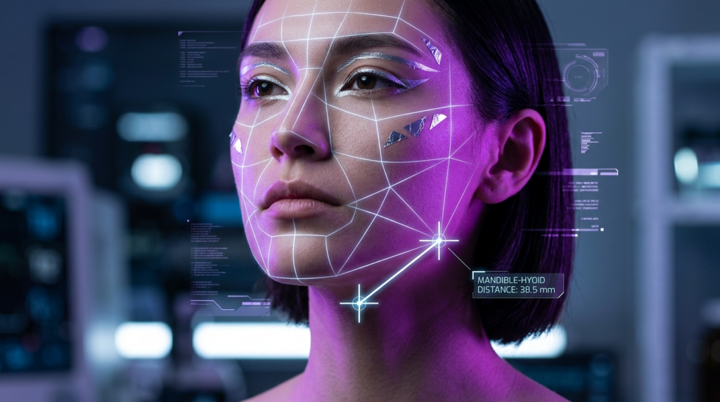 A hyper-realistic, 8k editorial close-up shot capturing a woman's face during a high-tech biometric analysis. The image is rendered with the precision of an 85mm macro lens, focusing sharply on the subject's features. The lighting is dominated by a dramatic, cool-toned neon aesthetic, with vibrant purple hues cascading from the side to sculpt her jawline and highlight her skin's smooth, poreless texture. She is adorned with metallic silver architectural eyeliner that reflects the ambient clinical glow. A complex, glowing digital mesh overlay maps her facial anatomy, with a specific focus on the 'Mandible-Hyoid' distance indicated by a precise UI tracking node. The background features a soft-focus, desaturated laboratory environment, creating a sharp contrast between the organic subject and the cold, futuristic data-driven atmosphere. The overall composition balances clinical rigor with a sleek, cyber-luxury editorial polish.