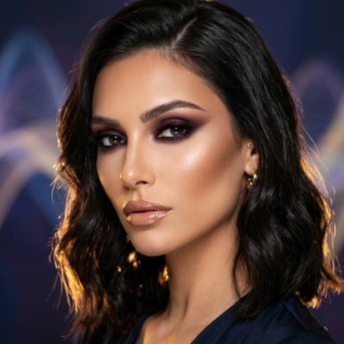 A hyper-realistic 8k portrait of a woman captured with an 85mm portrait lens, showcasing a shallow depth of field. The lighting is masterfully orchestrated with a dramatic side-lit key light, creating sharp highlights along the cheekbones and jawline that accentuate her refined facial structure. Her skin exhibits a flawless, luminous texture with a subtle, healthy glow and precisely applied makeup, featuring deep, smoky berry tones on the eyes and a polished, glossy nude lip. She wears a garment made of high-quality, dark silk fabric, with a subtle golden metal hoop earring adding a hint of luxury. The background features a sophisticated abstract design of flowing, glowing neon light waves in cool and warm tones, which provides a modern, high-fashion atmosphere, while the focus remains intensely on her poised, enigmatic gaze.