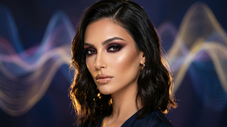 A hyper-realistic 8k portrait of a woman captured with an 85mm portrait lens, showcasing a shallow depth of field. The lighting is masterfully orchestrated with a dramatic side-lit key light, creating sharp highlights along the cheekbones and jawline that accentuate her refined facial structure. Her skin exhibits a flawless, luminous texture with a subtle, healthy glow and precisely applied makeup, featuring deep, smoky berry tones on the eyes and a polished, glossy nude lip. She wears a garment made of high-quality, dark silk fabric, with a subtle golden metal hoop earring adding a hint of luxury. The background features a sophisticated abstract design of flowing, glowing neon light waves in cool and warm tones, which provides a modern, high-fashion atmosphere, while the focus remains intensely on her poised, enigmatic gaze.