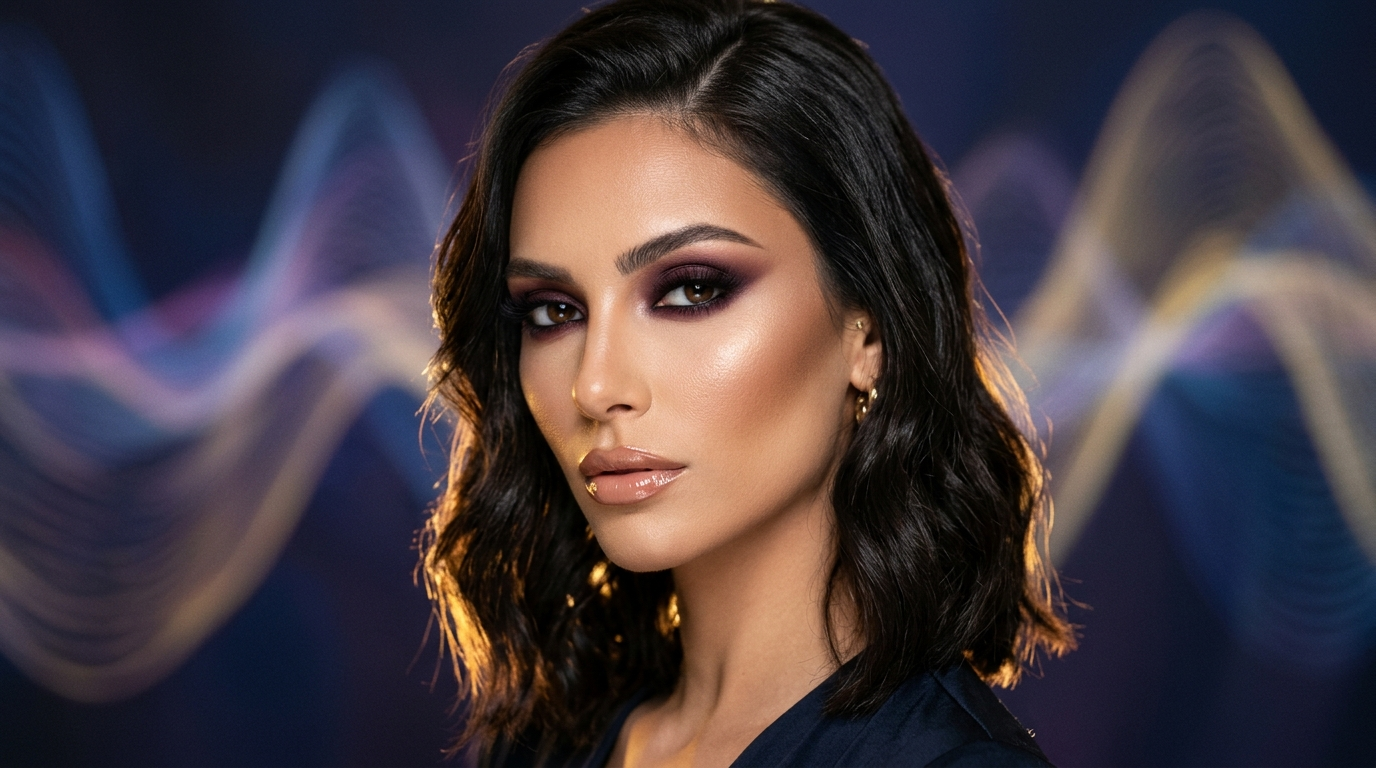 A hyper-realistic 8k portrait of a woman captured with an 85mm portrait lens, showcasing a shallow depth of field. The lighting is masterfully orchestrated with a dramatic side-lit key light, creating sharp highlights along the cheekbones and jawline that accentuate her refined facial structure. Her skin exhibits a flawless, luminous texture with a subtle, healthy glow and precisely applied makeup, featuring deep, smoky berry tones on the eyes and a polished, glossy nude lip. She wears a garment made of high-quality, dark silk fabric, with a subtle golden metal hoop earring adding a hint of luxury. The background features a sophisticated abstract design of flowing, glowing neon light waves in cool and warm tones, which provides a modern, high-fashion atmosphere, while the focus remains intensely on her poised, enigmatic gaze.
