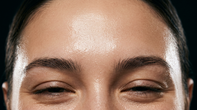 Сверхвысококачественный, гиперреалистичный портрет женского лица крупным планом, снятый с помощью макрообъектива 100 мм, который передает каждую мельчайшую деталь с клинической точностью 8K. Освещение мастерски выполнено с использованием высококонтрастной направленной схемы жесткого света сбоку, которая эффектно подчеркивает контуры лба, висков и глазниц, создавая глубокие, целенаправленные тени, которые акцентируют структурную анатомию. Кожа модели насыщена интенсивной влагой, имеет плотный, блестящий вид и отдельные капельки пота, создающие поразительное свечение и подчеркивающие естественную текстуру кожи, поры и тонкие морщины. Композиция представляет собой крупный план, интимный этюд лица на строгом, угольно-черном фоне, вызывающий грубую, кинематографическую и высококлассную редакционную атмосферу, полностью сосредоточенную на интуитивном взаимодействии света, влаги и человеческой биологии.