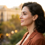 A high-resolution, professional portrait of a woman captured in profile, epitomizing elegant editorial photography. The image is rendered with the shallow depth-of-field characteristic of an 85mm prime lens on a full-frame DSLR sensor, resulting in exquisite sharpness on the subject's face against a soft, creamy bokeh of an urban balcony setting. Bathed in the warm, golden-hour light of late afternoon, the illumination is soft and directional, highlighting the refined contours of her jawline and cheekbones while casting gentle, flattering shadows. The subject, a woman with poised, calm posture, displays a natural, radiant complexion with subtle, lifelike skin texture. She wears a structured blazer crafted from high-quality, matte-finish terracotta linen, paired with a delicate gold necklace and classic hoop earrings that catch the ambient light. The background is a softly blurred cityscape, suggesting a sophisticated, tranquil European urban environment. The composition focuses on her serene expression, emphasizing a timeless, luxurious aesthetic.