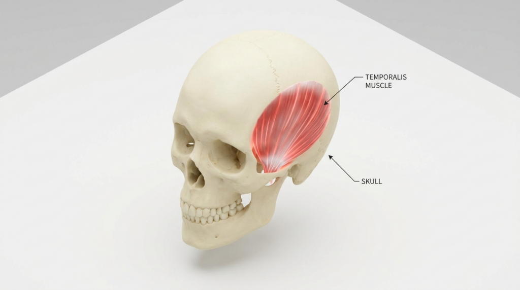 A clinical 3D medical illustration captured with high-precision digital optics, resembling an 85mm macro perspective. The composition features a hyper-realistic human skull set against a clean, clinical white background, rendered with medical-grade clarity. Soft, diffuse studio lighting creates subtle, natural shadows that emphasize the anatomical structure of the cranium. The temporalis muscle is highlighted in a distinct, translucent red, showcasing striated fiber details and deep-tissue depth. Annotations with thin, precise lines explicitly label the 'TEMPORALIS MUSCLE' and the 'SKULL' in a minimalist, professional typography. The image evokes an educational and scientific atmosphere, focusing on technical precision, anatomical accuracy, and clear visual communication, free from dramatic noir or fashion-oriented elements.