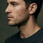 A high-resolution, professional editorial portrait of a man captured in a sharp profile view. Shot with an 85mm portrait lens, the image exhibits exquisite clarity and a shallow depth of field typical of high-end DSLR photography. The lighting is masterfully executed using a side-lit technique, creating a dramatic chiaroscuro effect that accentuates the refined contours of his jawline, cheekbones, and the structural integrity of his neck. The subject, a male with a composed and introspective expression, displays a natural skin texture with subtle, realistic pore definition and a healthy, matte luminescence, absent of excessive moisture. He is dressed in a charcoal-colored, fine-knit wool sweater, which adds a tactile, cozy depth to the composition. The background is a minimalist, muted olive-grey studio backdrop with a soft, brushed texture, ensuring the focus remains entirely on the subject's stoic facial profile and the sophisticated, moody aesthetic of the portrait.