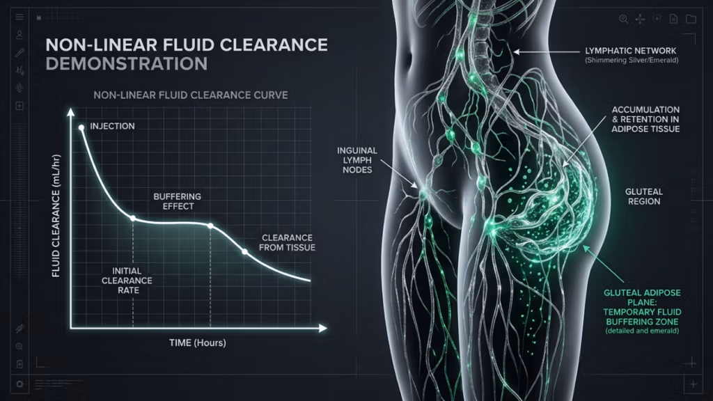 Visualización 3D médico-científica de alta resolución, renderizada con la precisión de una lente macro, que muestra una demostración clínica de la eliminación no lineal de fluidos. La composición contrasta un gráfico de datos clínicos a la izquierda con una silueta anatómica estilizada y translúcida de la parte inferior del torso femenino a la derecha. La iluminación es bioluminiscente y dramática, con tonos fríos de color esmeralda y plata de alto contraste que emanan del sistema linfático, delineando eficazmente las regiones glútea y de la cadera del sujeto. La textura de la piel se representa como una interfaz suave, hiperrealista y semitransparente, que resalta la dinámica interna de los fluidos en lugar de la estructura externa. La atmósfera general es ultramoderna y analítica, con un fondo oscuro de cuadrícula de color carbón industrial, similar a un panel de diagnóstico de alta gama para medicina estética.