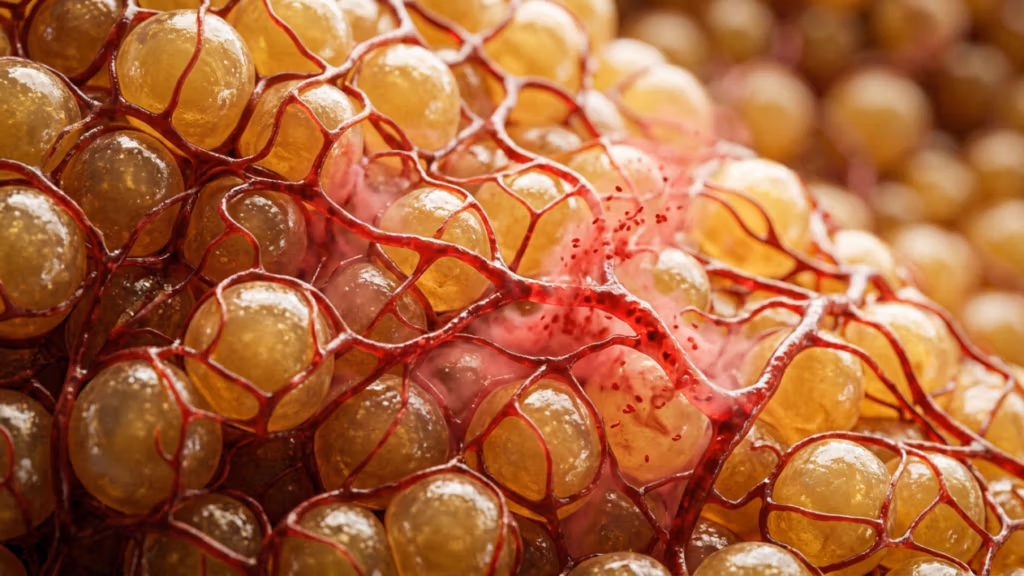 Fotografía macro de alta magnificación, capturada con un objetivo macro de 100 mm en un sensor DSLR de alta resolución, que muestra una intrincada textura bioorgánica. La composición presenta un grupo de glóbulos esféricos translúcidos de color ámbar dorado, cada uno con un brillo gelatinoso y una sutil luminiscencia interna que capta la luz. Estas esferas están interconectadas por una vívida red de filamentos carmesí intensos, similares a vasos sanguíneos, que recorren la superficie, creando un marcado contraste con los tonos cálidos y terrosos. La profundidad de campo es excepcionalmente reducida, enfocando intensamente el punto central de convergencia donde la red vascular es más densa y saturada de pigmentos rojizos, mientras que las esferas circundantes se difuminan en un bokeh etéreo. La iluminación es precisa y focalizada, resaltando el brillo orgánico y húmedo y la compleja topografía veteada de este paisaje microscópico, evocando una sensación de asombro biológico y arte surrealista.