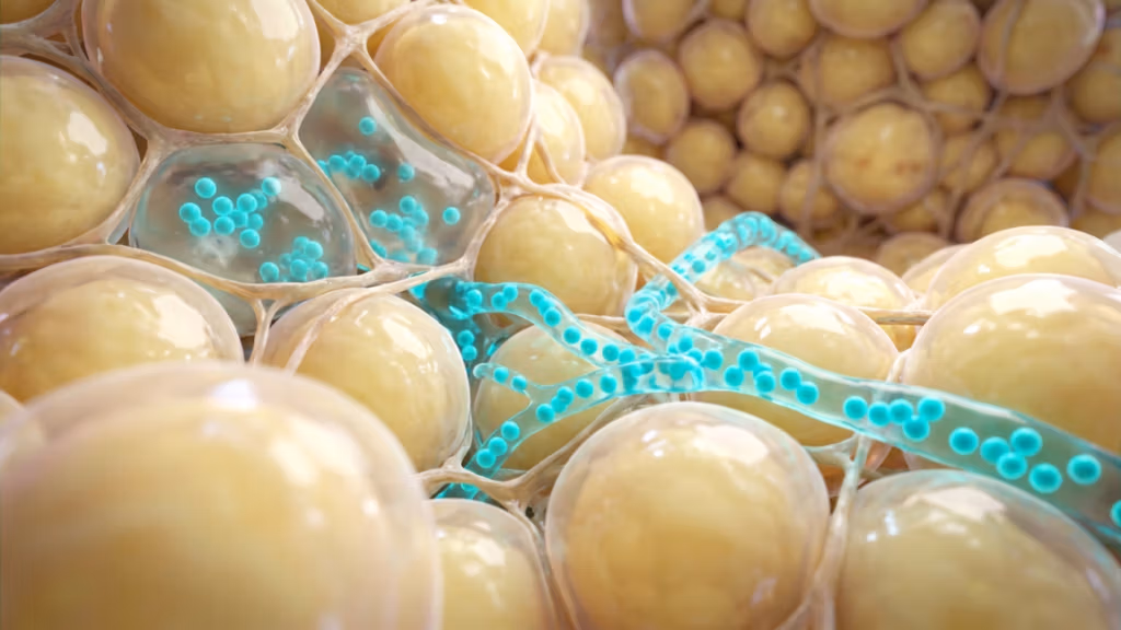Visualización médica hiperrealista en 3D, renderizada con la precisión de una lente macro de alta gama, que captura una vista microscópica de las células del tejido adiposo. La imagen muestra un grupo de adipocitos (células grasas esféricas translúcidas de color dorado) interconectadas por una fina matriz extracelular fibrosa. Una prominente estructura vascular de color cian neón se entrelaza con las células, transportando activamente pequeñas vesículas turquesas brillantes, lo que sugiere señalización celular o suministro de nutrientes. La iluminación es deliberada y dramática, utilizando una estética de estudio con caja de luz para crear sombras profundas y volumétricas, y brillantes reflejos especulares en las membranas, enfatizando la profundidad celular. La composición se centra en la intrincada textura y luminiscencia de las estructuras biológicas, renderizadas en resolución 4K con una profundidad de campo reducida que difumina las células del fondo en un patrón orgánico abstracto. La atmósfera general es clínica, de alta tecnología y científica, mostrando una representación impecable y ultra detallada de la anatomía humana.