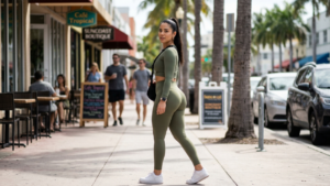 Een professionele, hoge resolutie foto, gemaakt met een 85mm lens, toont een vrouw die door een zonnige straat loopt. De foto, met een geringe scherptediepte zoals typisch is voor DSLR-fotografie, focust scherp op het onderwerp, terwijl de drukke stedelijke achtergrond zacht vervaagt. Natuurlijk, helder daglicht verlicht haar figuur en werpt zachte schaduwen die haar atletische, zandloperfiguur accentueren. Ze draagt een nauwsluitende, olijfgroene crop top met lange mouwen en een bijpassende legging, gemaakt van een gladde, vochtregulerende synthetische stof die haar getrainde spieren benadrukt. Haar huid ziet er fris en stralend uit en reflecteert het zachte omgevingslicht. De compositie plaatst haar in het middelpunt, terwijl ze zelfverzekerd door een levendige, met palmbomen omzoomde stadsomgeving beweegt, wat een strakke, lifestyle-georiënteerde esthetiek creëert.