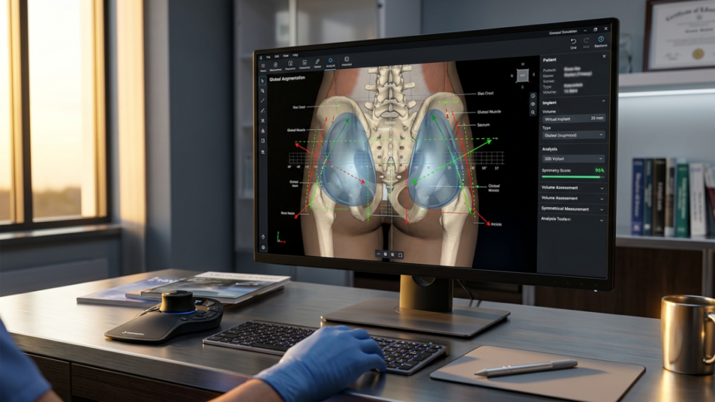 A high-resolution, professional editorial capture of a medical workstation featuring a 4K monitor displaying advanced 3D gluteal augmentation surgical planning software. The image exhibits DSLR-quality crispness, likely achieved with a 35mm wide-angle lens to capture the ergonomic office environment. The lighting is characterized by a sophisticated interplay between the warm, natural soft-light spilling from a side window and the cool, precise luminescence emanating from the digital display, creating a professional and clinical atmosphere. In the foreground, a healthcare professional's hand, gloved in a surgical blue nitrile layer, rests on a sleek, metallic keyboard, emphasizing meticulous precision. The composition centers on the interface, where detailed anatomical wireframes of the pelvic structure and gluteal muscle groups are overlaid with analytical data, symmetry scores, and virtual implant projections. The background is a clean, modern office with soft-focus bookshelves and professional decor, reinforcing a high-tech, medical-consultation aesthetic. Textures are rendered with extreme clarity, from the brushed metal finish of the desk surface to the subtle reflections on the monitor screen, reflecting a state-of-the-art medical-tech environment.