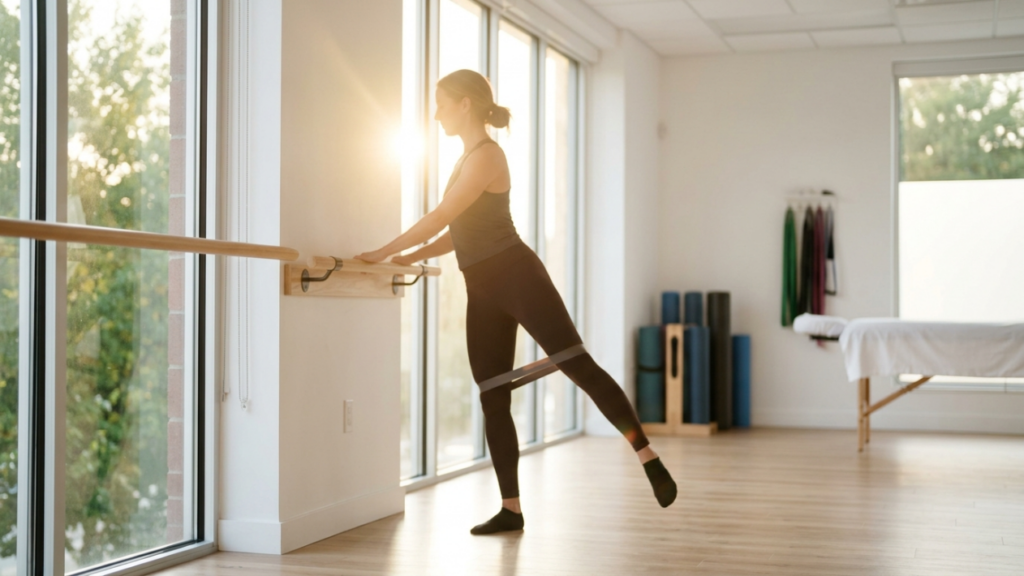 A high-resolution, professional studio photograph captures a woman in profile engaged in a controlled Pilates barre exercise. Shot with a 50mm lens to achieve a natural field of view, the 4K DSLR image utilizes a shallow depth of field, keeping the subject in sharp focus while softly blurring the minimalist studio background. The lighting is masterfully handled; a warm, golden-hour natural light streams through expansive floor-to-ceiling windows, creating a back-lit silhouette effect that emphasizes her toned, athletic physique and steady posture as she performs a leg lift with a resistance band. The atmosphere is serene and clinical, characterized by clean lines and modern textures. She is dressed in form-fitting, moisture-wicking athletic wear—a sleek tank top and leggings—that contours to her body, highlighting her focused, disciplined form. The background features polished light wood flooring, a wooden ballet barre mounted on a white wall, and subtle gym equipment, evoking a sense of tranquil wellness and sophisticated fitness.