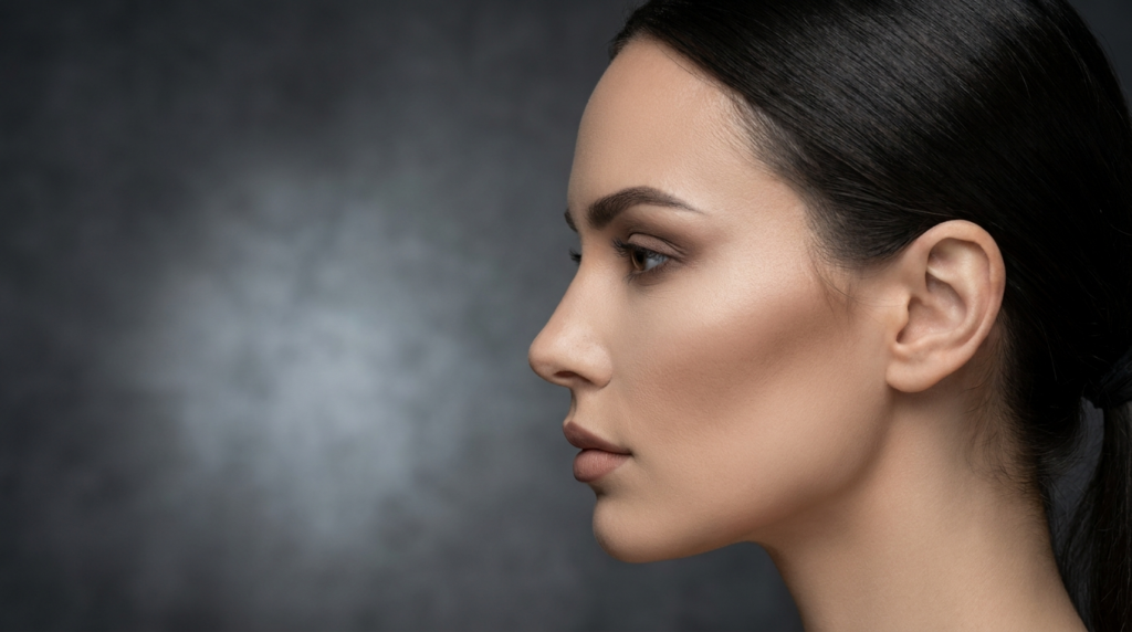 A high-resolution, hyper-realistic studio portrait captured with an 85mm prime lens, showcasing a woman in strict profile. The lighting is meticulously engineered, utilizing dramatic side-lighting that carves out her facial architecture, emphasizing a razor-sharp jawline and sculpted cheekbones. Her complexion is flawless, featuring a subtle, luminous sheen that highlights the texture of her skin with microscopic precision. Her dark hair is pulled back in a sleek, minimalist style, drawing full attention to her composed, stoic expression. The composition is clean and editorial, set against a moody, soft-focus charcoal grey background that enhances the sophisticated, modern aesthetic of the image.