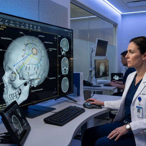 A high-resolution, DSLR-style professional photograph captured with a sharp 35mm lens, focusing on a female neurosurgeon in a clinical setting. The lighting is clean, cool-toned, and diffuse, mimicking high-end medical facility illumination to emphasize the sterile, professional atmosphere. The subject, a woman with a poised, confident posture, is dressed in a crisp white lab coat over navy scrubs, with a visible ID badge. Her skin texture is clear and matte, reflecting the sophisticated ambient light. The composition highlights her profile as she interacts with a large, high-definition digital display showing a complex 3D cranial surgical simulation. The background features a modern, functional workspace with soft blue LED accents, medical imaging monitors, and cabinetry, establishing an environment of technological precision and medical expertise. The overall image quality is sharp, conveying a cinematic, editorial aesthetic typical of advanced medical documentation.