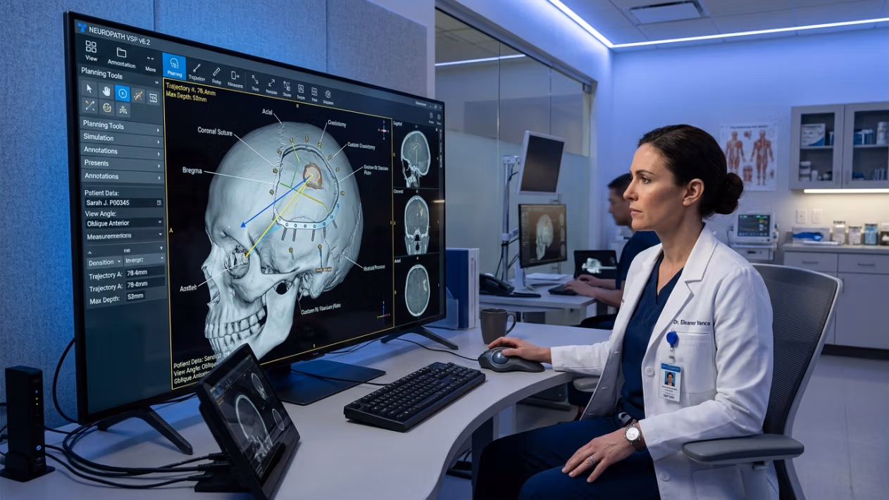 A high-resolution, DSLR-style professional photograph captured with a sharp 35mm lens, focusing on a female neurosurgeon in a clinical setting. The lighting is clean, cool-toned, and diffuse, mimicking high-end medical facility illumination to emphasize the sterile, professional atmosphere. The subject, a woman with a poised, confident posture, is dressed in a crisp white lab coat over navy scrubs, with a visible ID badge. Her skin texture is clear and matte, reflecting the sophisticated ambient light. The composition highlights her profile as she interacts with a large, high-definition digital display showing a complex 3D cranial surgical simulation. The background features a modern, functional workspace with soft blue LED accents, medical imaging monitors, and cabinetry, establishing an environment of technological precision and medical expertise. The overall image quality is sharp, conveying a cinematic, editorial aesthetic typical of advanced medical documentation.