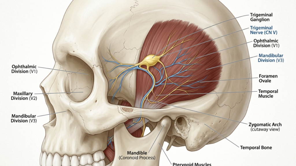 A highly detailed, professional medical illustration showing a lateral view of a human skull with the temporal muscle exposed and the trigeminal nerve (CN V) highlighted in yellow, branching into the ophthalmic (V1), maxillary (V2), and mandibular (V3) divisions. The image is rendered in high resolution with clear, clinical labeling, set against a clean, neutral background, utilizing precise lighting to define anatomical structures like the zygomatic arch and the coronoid process of the mandible. The color palette is sterile and informative, focusing on clear educational communication through sophisticated digital artistic techniques.