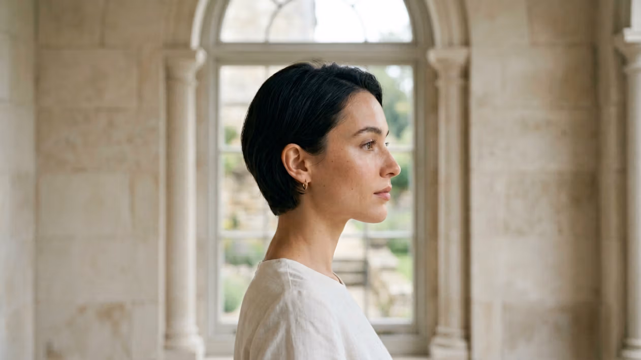 An exquisite, editorial-style professional portrait captured with an 85mm prime lens on a high-resolution DSLR, showcasing a woman in profile. The shot is characterized by soft, natural, diffused light streaming through a large, arched window, creating a serene atmosphere and subtle, flattering highlights on her cheekbone and bridge of the nose. The subject possesses a poised, elegant posture with a refined jawline, her natural skin texture visible with remarkable clarity, featuring faint, authentic freckles and a clean, healthy luminescence. She is wearing a minimalist, light-colored garment made of a textured, organic fabric reminiscent of high-quality linen. The composition is balanced and classical, with the blurred architectural details of an old stone interior serving as a sophisticated, timeless backdrop, emphasizing a calm and contemplative mood.