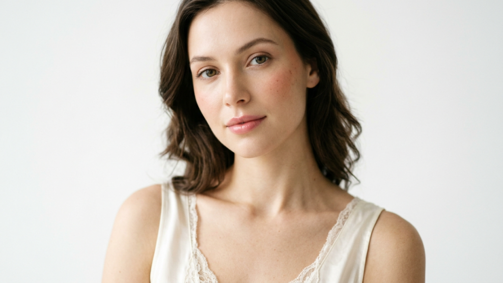 A high-end editorial portrait of a woman with natural beauty, captured with a professional 85mm prime lens on a DSLR camera, offering shallow depth of field and exceptional 4K clarity. The lighting is soft and diffused, creating a flattering, luminous glow on her skin, emphasizing her clear, healthy complexion with subtle, natural highlights. She is a woman with gentle, elegant features, posed with a serene and composed expression that exudes quiet confidence. Her skin texture is visible, showcasing a natural, dewy finish with subtle luminescence. She is wearing a delicate, off-white satin-like camisole detailed with intricate lace trim. The composition is a tight, centered head-and-shoulders frame, set against a clean, minimalist off-white background that creates a calm, sophisticated, and ethereal atmosphere.
