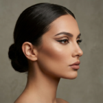 Een hyperrealistisch, professioneel 8K-portret van een vrouw in profiel, gefotografeerd met een 85mm-portretlens om scherpe gelaatstrekken te benadrukken. De belichting is meesterlijk uitgevoerd met een zachte, gerichte studio-opstelling die elegante contouren creëert langs de kaaklijn en jukbeenderen, waardoor de anatomie van het gezicht wordt geaccentueerd. Het model heeft een verfijnde, beheerste houding, met haar donkere haar in een strakke knot. Haar teint is vlekkeloos, met een subtiele, stralende glans en een natuurlijke huidtextuur die zichtbaar is onder de verfijnde belichting. Ze draagt een precieze, grafische winged eyeliner en een matte, neutrale lippenstift, waarmee ze een moderne, luxe editorial-esthetiek belichaamt. De achtergrond is een strakke, gestructureerde, neutrale grijze tint die de focus volledig op het evenwichtige, statige profiel van het model houdt.