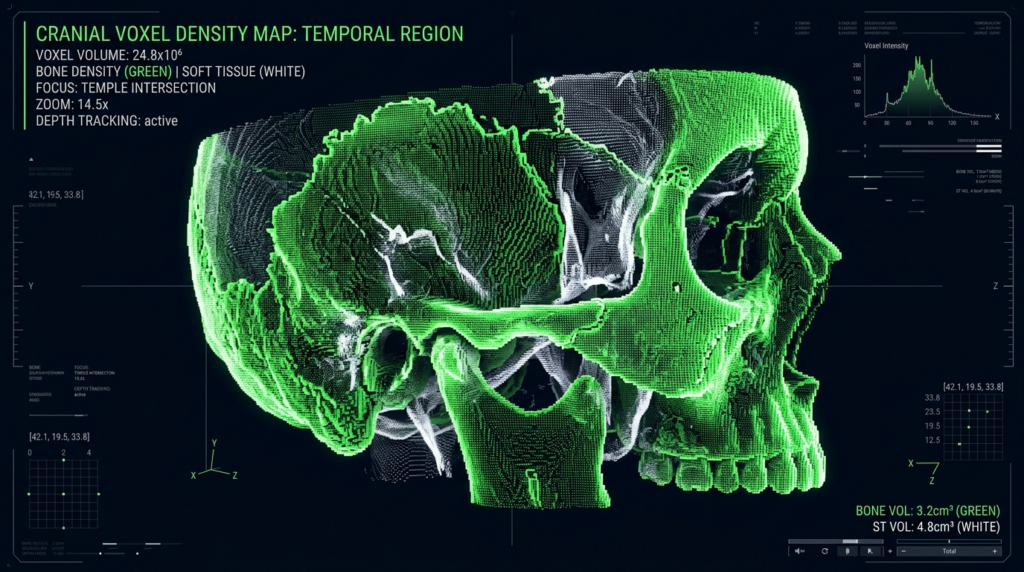 A hyper-realistic 8K digital medical visualization of a human cranial temporal region, presented as a voxel density map. The image is rendered with clinical precision, reminiscent of a high-end diagnostic imaging system. The skull anatomy is constructed from a dense, matrix-like grid of luminous green voxels representing bone density, interspersed with crisp white voxels detailing soft tissue structures. The lighting is artificial and clinical, creating a high-contrast 'hard-light' aesthetic that defines the skeletal contours against a deep, dark diagnostic interface background. Technical overlays, including voxel volume data, intensity graphs, and depth tracking metrics, frame the central subject, conveying a futuristic, high-tech industrial atmosphere. There are no human models, clothing, or organic skin textures present in this abstract medical scan.