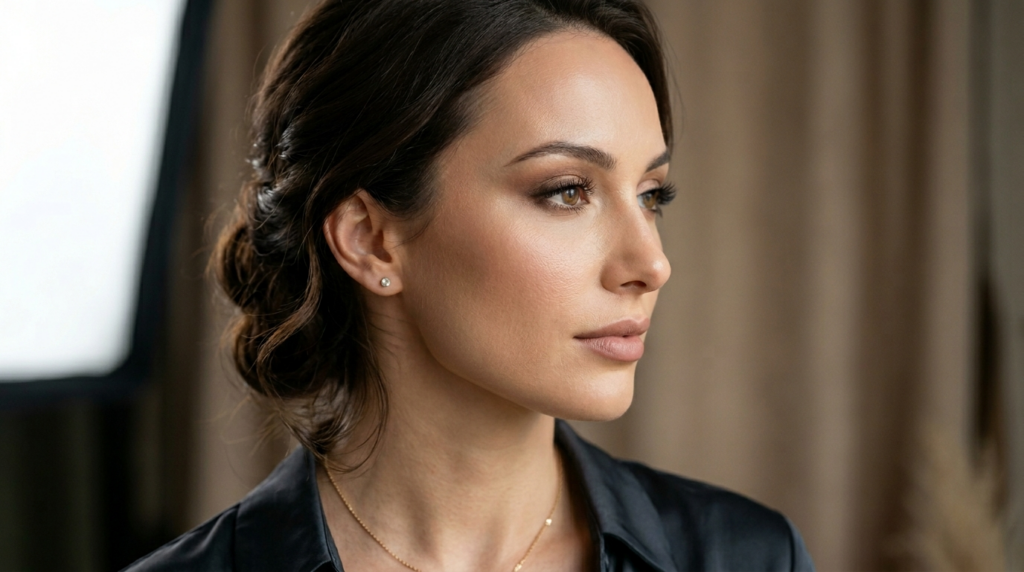 A hyper-realistic 8k portrait of a woman captured with an 85mm prime lens, showcasing a shallow depth of field that highlights her refined facial features. The lighting is masterfully executed with a soft, directional side-angle source that gently contours her jawline and cheekbones, creating a subtle, elegant shadow. Her skin possesses a natural, healthy luminescence with a satin-like texture, appearing flawlessly smooth yet authentic. She is posed with a poised, serene profile, wearing a high-quality dark silk or satin blouse that drapes with a slight sheen, accessorized with a delicate, minimalist gold chain necklace. The background features a soft-focus, neutral-toned textile, enhancing the overall luxurious, sophisticated editorial aesthetic.