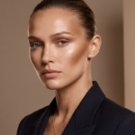 A hyper-realistic, 8k editorial headshot of a woman, captured with an 85mm lens that creates a flattering portrait compression and shallow depth of field. The lighting is masterfully executed with a refined, directional soft-light source from the side, sculpting the subject's high cheekbones and defined jawline with subtle, elegant shadows. The subject displays a confident, direct gaze, with her hair slicked back to accentuate her symmetrical, chiseled facial features. Her skin possesses a radiant, dewy luminosity, with precise micro-detailing showing a natural, hydrated texture that catches the light beautifully. She is dressed in a sharp, structured dark navy blazer made of high-quality, fine-weave wool, complemented by a delicate gold chain necklace resting against her collarbone. The composition is minimalist and sophisticated, set against a neutral, diffused background that evokes a sense of high-end luxury and modern professional poise.