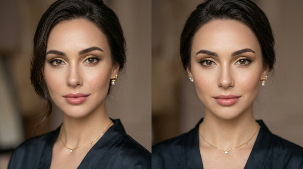 A hyper-realistic, 8k editorial portrait featuring a side-by-side comparison of the same woman, captured with an 85mm prime lens to emphasize facial symmetry and depth. The lighting is soft yet directional, delicately sculpting her high cheekbones and refined jawline with subtle gradients. She possesses a classic, elegant aesthetic, with flawless, luminous skin rendered in high-fidelity texture, showing a natural, dew-kissed complexion. She wears a sophisticated black satin robe with a delicate gold chain necklace featuring a singular pendant. The background is a blurred, neutral-toned interior, creating a luxurious and serene atmosphere that places full focus on her poised, captivating gaze and polished makeup.