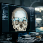 Een hyperrealistische, 8K-foto, gemaakt met een 35mm groothoeklens, toont een medische computermonitor met hoge resolutie waarop een 3D-chirurgisch plan voor een cranioplastie wordt weergegeven. De klinische omgeving baadt in koel, industrieel blauw licht, met een geringe scherptediepte die de achtergrond van de operatiekamer zachtjes vervaagt. De primaire focus ligt op de scherpe, digitale weergave van een menselijke schedel op het scherm, gemarkeerd met precieze chirurgische planningsmarkeringen. De compositie plaatst de monitor in het midden van een professionele medische werkruimte, met een mechanisch toetsenbord en steriele metalen chirurgische instrumenten op de voorgrond, wat een verfijnde sfeer van moderne chirurgische technologie creëert. Let op: het verzoek om anatomische en kledingbeschrijvingen is niet van toepassing op deze specifieke afbeelding van medische beeldvormingssoftware.