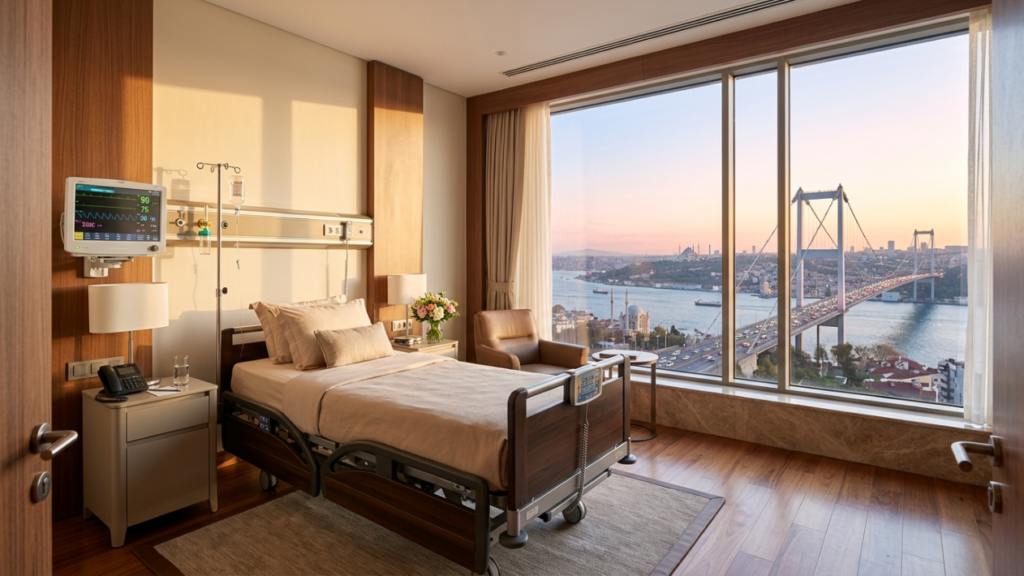 Eine hyperrealistische 8K-Architekturfotografie fängt eine luxuriöse Privat-Krankenhaussuite mit Blick auf die Bosporusbrücke in Istanbul zur goldenen Stunde ein. Das mit einem Weitwinkelobjektiv aufgenommene Bild betont die großzügige und ruhige Atmosphäre und unterstreicht die nahtlose Verbindung von medizinischer Funktionalität und erstklassigem Design. Das warme, natürliche Licht wirft sanfte, goldene Schatten, die die edlen Walnussholzpaneele und die luxuriöse, neutralfarbene Bettwäsche hervorheben. Die Komposition ist ausgewogen: Ein modernes Krankenhausbett bildet den Mittelpunkt neben einem bodentiefen Panoramafenster, das den Blick auf die ikonische Stadtkulisse freigibt. Es ist kein Mensch im Bild zu sehen; der Fokus liegt stattdessen auf den makellosen Details der Inneneinrichtung – dem Nachttisch mit dezenten medizinischen Überwachungsgeräten, einer Vase mit frischen Blumen und einem bequemen Ledersessel –, die eine Atmosphäre von erlesener Ruhe und erstklassiger Pflege schaffen.