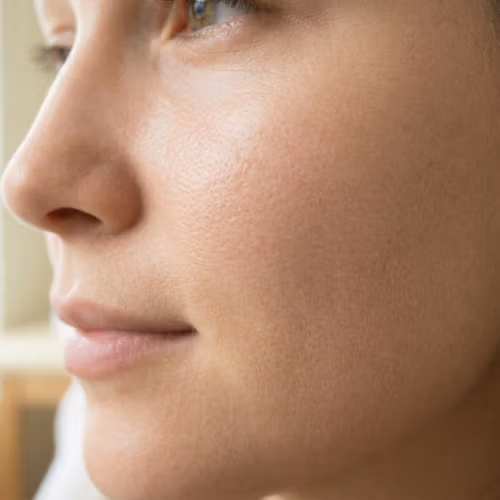 صورة فائقة الواقعية بدقة 8K، تم التقاطها بتقنية الماكرو الفائقة بعدسة 85 مم، تُركز على ملامح وجه امرأة رقيقة. الإضاءة ناعمة ومنتشرة، ربما من نافذة قريبة، مما يخلق توهجًا طبيعيًا مشرقًا يُبرز ملمس البشرة الطبيعي، بما في ذلك المسام الدقيقة والشعر الزغبي الناعم. تظهر على وجه المرأة تعبير هادئ ومتزن، مع عمق مجال ضحل يجعل الخلفية ضبابية ناعمة خارج نطاق التركيز. يُبرز التكوين الجمال الطبيعي والخطوط الدقيقة للوجه، مُجسدًا جوًا هادئًا وبسيطًا دون أي ظلال قاسية أو إكسسوارات اصطناعية، مُعطيًا الأولوية للنقاء والإشراق الطبيعي.