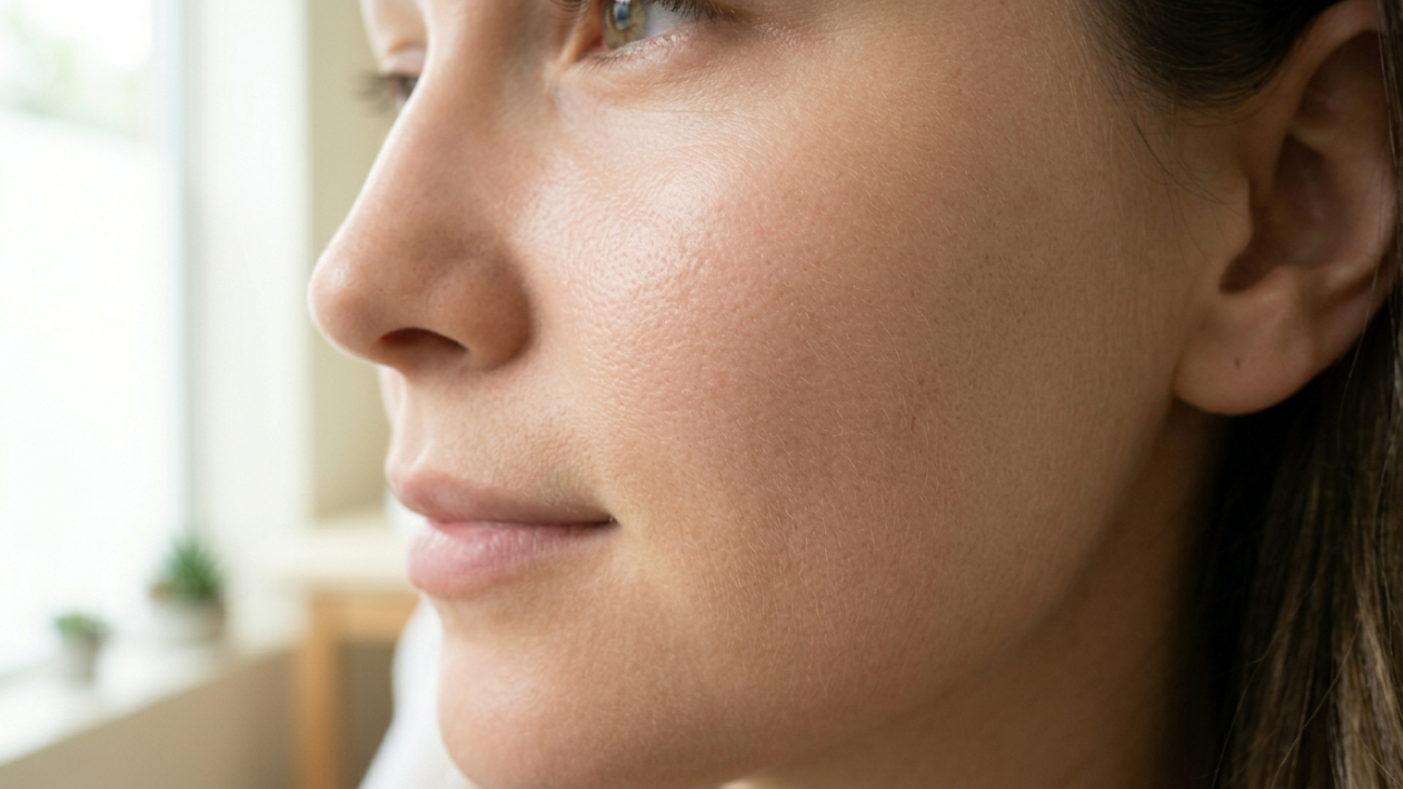 A hyper-realistic, 8k extreme macro beauty portrait captured with an 85mm prime lens, focusing on the refined profile of a woman. The lighting is soft and diffused, likely from a nearby window, creating a natural, luminous glow that emphasizes the authentic texture of the skin, including subtle pores and fine vellus hair. The subject displays a calm, poised expression, with the shallow depth of field rendering the background into a soft, out-of-focus blur. The composition highlights the organic beauty and delicate contours of the face, capturing a serene, minimalist atmosphere without any harsh shadows or artificial accessories, prioritizing purity and natural luminescence.