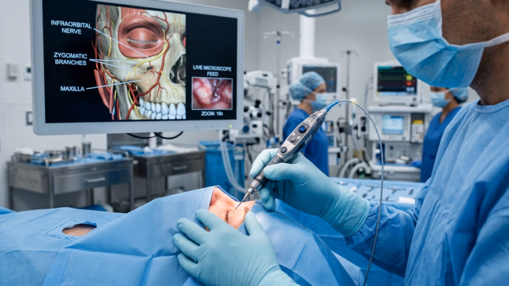 Bu hiperrealist ve teknik olarak hassas tıbbi işlem görüntüsünde, steril mavi cerrahi önlük ve eldiven giymiş bir cerrah, hastanın yüz bölgesinde hassas bir operasyon gerçekleştiriyor. Sahne, hem klinik ortamı hem de kullanılan gelişmiş teknolojiyi vurgulayarak, ayrıntılara titizlikle dikkat edilerek yakalanmıştır. **Kamera ve Optik:** Görüntü, karmaşık bir ayrıntı düzeyi elde etmek için muhtemelen 85 mm makro lens olmak üzere yüksek çözünürlüklü bir lens kullanılarak çekilmiş gibi görünüyor. Görsel kalite hiperrealist olup, muhtemelen 8K çözünürlükte işlenmiş ve işlemin son derece net ve ayrıntılı bir görünümünü sağlamaktadır. Ekrandaki canlı mikroskop görüntüsünde belirtildiği gibi, yakınlaştırma özelliği 18x büyütmeye kadar ulaşarak ekipmanın hassasiyetini vurgulamaktadır. **Aydınlatma Tasarımı:** Görüntüdeki aydınlatma, sert ışık tekniğiyle karakterize edilerek çarpıcı ve dramatik bir etki yaratmaktadır. Işık kaynağı yan açıyla konumlandırılmış gibi görünmekte ve cerrahın ellerinin ve hastanın yüz özelliklerinin hatlarını vurgulayan belirgin gölgeler oluşturmaktadır. Bu aydınlatma yaklaşımı, sahnenin üç boyutluluğunu artırarak cerrahi ortamın dokusunu ve derinliğini vurgular. **Anatomi ve Kimlik:** Cerrahi kıyafeti nedeniyle cinsiyeti açıkça belirlenemeyen cerrah, odaklanmış ve profesyonel bir tavır sergiliyor. Duruşu dik ve hassas olup, bu kadar karmaşık bir iş için gereken konsantrasyonu gösteriyor. Hastanın yüz anatomisi kısmen görünürken, cerrahın elleri ekranda belirtildiği gibi infraorbital sinir, zigomatik dallar ve maksilla çevresinde hassas bir işlem gerçekleştirmek üzere konumlandırılmıştır. **Doku ve Cilt:** Cerrahın eldivenlerinin dokusu belirgin bir şekilde görülmekte ve malzemenin dokunsal doğasını sergilemektedir. Hastanın cildi temiz ve ameliyata hazırlanmış gibi görünmekte olup, antiseptik solüsyonların uygulanmasını gösterebilecek hafif bir parlaklığa sahiptir. Aydınlatma, cildin pürüzsüzlüğünü ve hafif yansıtıcılığını vurgulayarak görüntünün genel hiperrealist kalitesine katkıda bulunur. **Giysiler ve Ekipman:** Cerrah, muhtemelen tıbbi ortamlar için tasarlanmış nefes alabilen, hafif bir kumaştan yapılmış standart steril mavi cerrahi önlük giymektedir. Eldivenler, hem el becerisi hem de sterilite sağlayan lateks veya benzeri bir malzemeden yapılmıştır. Cerrahi ekipman, cerrahın tuttuğu, muhtemelen elektrikli veya pnömatik bir cerrahi matkap olan ve arka plandaki tıbbi cihaza bağlı hassas bir aleti içerir. **Kompozisyon ve Arka Plan:** Görüntünün kompozisyonu, cerrahı ve hastayı odak noktasına yerleştirerek, gerçekleştirilen karmaşık prosedüre dikkat çekmektedir. Arka plan, gelişmiş tıbbi ekipmanlarla dolu olup, yüksek teknoloji ürünü klinik hassasiyet atmosferi yaratmaktadır. Ortam, tıbbi tesisin profesyonelliğini ve gelişmiş yeteneklerini vurgulayan steril ve düzenli bir ortamla modern bir ameliyathaneyi göstermektedir. Genel hava, yoğun bir odaklanma ve en son teknoloji ürünü tıbbi uygulama havası vermektedir.