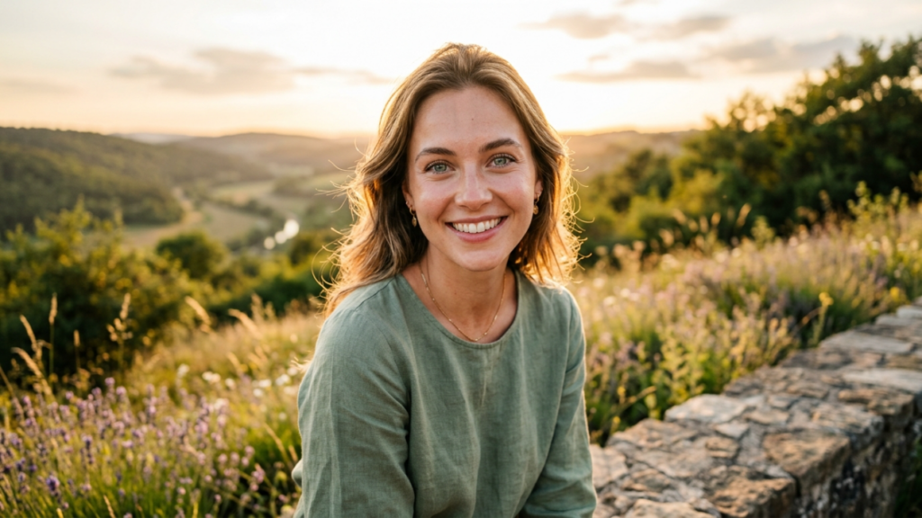 Description éditoriale professionnelle de l'image représentant une femme dans un paysage naturel au coucher du soleil : **Appareil photo et optique :** L'image semble avoir été prise avec un appareil photo haute résolution, probablement en 8K ou une qualité hyperréaliste similaire. L'objectif choisi semble être un téléobjectif moyen, possiblement un 85 mm à focale fixe, réputé pour sa compression flatteuse et sa netteté. Ce choix d'objectif met en valeur les traits du visage du sujet tout en conservant une profondeur de champ naturelle, floutant légèrement l'arrière-plan pour créer un agréable effet bokeh. **Éclairage :** L'éclairage de l'image est principalement naturel, utilisant la douce lueur chaude du soleil couchant. La source lumineuse est positionnée à un angle bas, créant une illumination douce mais légèrement dramatique sur le visage et le haut du corps du sujet. La douceur de la lumière minimise les ombres marquées, ce qui donne un effet flatteur et éthéré. La lumière dorée de l'heure dorée rehausse l'éclat de la peau et ajoute une tonalité chaleureuse et accueillante à l'ensemble de la composition. **Anatomie et identité :** Le sujet est une femme dans une posture à la fois détendue et assurée. Elle est assise, le corps légèrement incliné, ce qui permet à la lumière de mettre en valeur les traits de son visage et les contours de son buste. Son expression est chaleureuse et accueillante, avec un sourire discret qui traduit calme et bonheur. L'éclairage souligne la structure osseuse de son visage, notamment ses pommettes et sa mâchoire, créant un aspect doux et naturel. **Texture et peau :** La peau du sujet affiche un éclat naturel et sain, sublimé par la lumière dorée du crépuscule. La lumière douce atténue l'apparence des pores et des imperfections, donnant à la peau une texture lisse et presque radieuse. Une légère luminescence se dégage de sa peau, en particulier de son front et de ses joues, contribuant à son aspect frais et éclatant. L'éclairage ne suggère pas une transpiration excessive, mais plutôt un teint naturellement frais et lumineux. **Vêtements et accessoires :** La femme porte un haut ample à manches longues, confectionné dans un tissu léger, probablement du lin ou un mélange de lin. Le tissu semble doux et respirant, ce qui complète l'atmosphère naturelle et décontractée de l'image. Elle porte des accessoires minimalistes, de petites boucles d'oreilles et un délicat collier, qui ajoutent une touche d'élégance sans alourdir la simplicité de la scène. **Composition et arrière-plan :** La composition de l'image place le sujet au centre, attirant immédiatement le regard sur son visage et son expression. L'arrière-plan présente un paysage naturel à couper le souffle, avec des collines ondulantes, une végétation luxuriante et un ciel doré au coucher du soleil. La faible profondeur de champ garantit que le sujet reste le point focal tandis que l'arrière-plan crée une atmosphère sereine et pittoresque. L'ambiance générale de l'image est paisible et raffinée, évoquant un sentiment de paix et de connexion avec la nature.