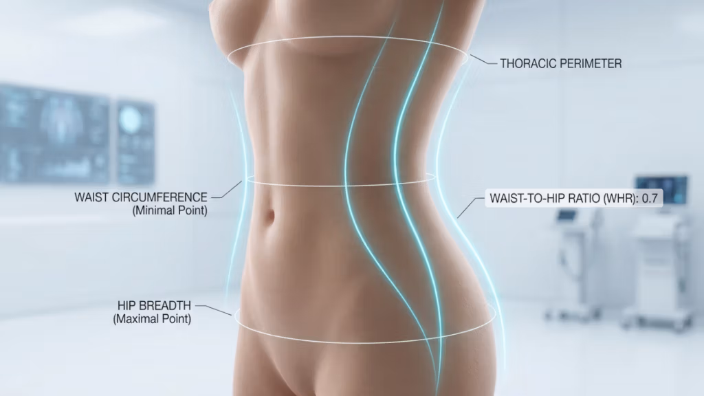 Una imagen editorial hiperrealista en 8K que captura los detalles anatómicos y estéticos de un torso femenino, enfatizando medidas corporales como la circunferencia de la cintura, el ancho de la cadera y el perímetro torácico. La escena tiene un estilo clínico con énfasis en la precisión y el diseño de iluminación para resaltar las definiciones musculares y esqueléticas. **Cámara y óptica:** La imagen parece haber sido capturada con una cámara de alta resolución, probablemente con un objetivo macro de 85 mm, optimizado para primeros planos detallados. La calidad de la imagen es hiperrealista, lo que sugiere una resolución 8K que captura texturas intrincadas y detalles finos con una claridad excepcional. El encuadre y la composición se centran en la sección media del cuerpo, proporcionando una vista detallada de las características anatómicas. **Diseño de iluminación:** El diseño de iluminación emplea una técnica de luz dura, creando sombras distintivas y dramáticas que acentúan los contornos del cuerpo. La fuente de luz parece provenir de un ángulo lateral, realzando la tridimensionalidad del torso. Esta técnica resalta las curvas naturales y la definición muscular, añadiendo profundidad y contraste a la imagen. La interacción de luces y sombras enfatiza la estrechez de la cintura y la amplitud de las caderas, contribuyendo a una apariencia esculpida. **Anatomía e identidad:** El sujeto es femenino, representado desde una vista posterior. La postura es erguida y neutra, lo que permite una clara visualización de las líneas y proporciones naturales del cuerpo. La cintura parece "estrecha", lo que indica una cintura bien definida y estrecha, mientras que las caderas exhiben una curva voluminosa. El perímetro torácico también está delineado, mostrando la estructura y alineación de la parte superior del cuerpo. **Textura y piel:** La piel exhibe una luminiscencia sutil, probablemente debido a la colocación estratégica de las fuentes de luz. Hay un ligero brillo en la piel, que sugiere una ligera capa de humedad o aceite, lo que realza la textura y añade un brillo realista. La imagen captura microdetalles de la piel, como poros finos y la suavidad de la superficie, contribuyendo a la calidad hiperrealista. **Vestimenta y accesorios:** El sujeto no lleva ropa, lo que permite una vista sin obstáculos de sus características anatómicas. No se aprecian accesorios ni objetos metálicos en el cuerpo, manteniendo así el enfoque en su forma natural. **Composición y fondo:** La composición se centra en el torso, convirtiéndolo en el punto focal principal de la imagen. El fondo presenta un entorno clínico, con equipos médicos y monitores difuminados, sugiriendo un ambiente profesional y estéril. Este fondo realza el tono editorial y científico de la imagen, enfatizando la precisión y el análisis. La atmósfera general es limpia, moderna y ligeramente futurista, acorde con un centro médico o de bienestar de alta tecnología.