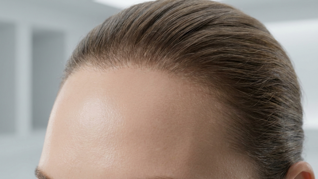 A highly detailed editorial description of the image featuring a close-up of a human scalp and hairline. The image showcases hyperrealistic visual quality with a focus on texture, lighting, and anatomical details. Camera settings emphasize macro-level precision, while the composition highlights the interplay of light and skin. The background is minimalistic, ensuring the subject remains the focal point. -- **Camera and Optics:** The image appears to be captured using a macro lens, likely an 85mm or 100mm, designed for high-resolution close-up photography. The level of detail suggests a hyperrealistic quality, potentially shot in 8K resolution. The lens captures minute details, such as individual hair strands and skin texture, with exceptional clarity and depth of field. The shallow depth of field isolates the subject, creating a sharp focus on the scalp and hairline while softly blurring the background. -- **Lighting Design:** The lighting in the image is characterized by a hard-light technique, which creates distinct and sharp shadows. The light source seems to be positioned at a side angle, producing a dramatic effect that accentuates the contours of the scalp and hairline. This side lighting enhances the three-dimensionality of the subject, emphasizing the texture of the skin and the fine details of the hair. The shadows cast by the hair strands add depth and contribute to a sculpted appearance. -- **Anatomy and Identity:** The subject appears to be male, based on the visible hairline and scalp features. The image focuses on the upper portion of the head, specifically the forehead and hairline region. The anatomical details, such as the smoothness of the scalp and the natural recession of the hairline, are clearly visible. The composition does not include broader body features like posture or body contours, limiting the analysis to the head and hairline. -- **Texture and Skin:** The skin texture is captured in meticulous detail, showcasing a smooth yet naturally textured scalp. There is a subtle luminescence on the skin, likely due to the hard-light setup, which highlights the natural oils and moisture on the surface. While there are no visible droplets of sweat, the lighting accentuates the slight sheen of the skin, giving it a healthy and vibrant appearance. The interplay of light and shadow further enhances the micro-details of the skin, such as fine lines and pores. -- **Clothing and Accessories:** The image does not include any visible clothing or accessories. The focus is solely on the scalp and hairline, making it impossible to determine the type of fabric or any metallic hardware present on the subject. -- **Composition and Background:** The composition of the image is tightly cropped, centering on the scalp and hairline. This framing ensures that the viewer’s attention is drawn directly to the subject’s anatomical details. The background is minimalistic and blurred, likely to maintain focus on the subject. The atmosphere of the image leans towards a clinical or hyperrealistic aesthetic, emphasizing clarity, precision, and detail. The overall mood is neutral, allowing the technical and anatomical aspects of the image to take precedence.