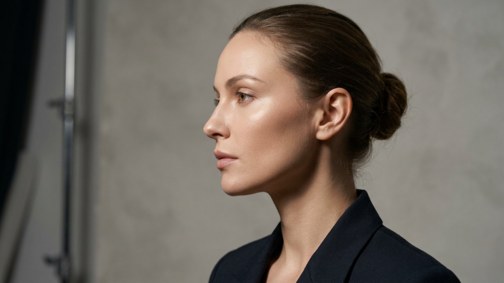 Un retrato editorial de alta gama e hiperrealista en 8K, capturado con un objetivo fijo de 85 mm, que muestra a una mujer de perfil. La iluminación, magistralmente ejecutada con una suave iluminación direccional de estudio, resalta su mandíbula definida y sus refinados contornos faciales. La textura de la piel es impecable, con una luminosidad sutil y saludable y un brillo natural que realza una tez perfecta. Viste un blazer estructurado azul marino oscuro de lana de alta calidad, que le confiere un aire de minimalismo profesional. El fondo, un telón de estudio limpio y texturizado en gris neutro, mantiene una estética sofisticada y minimalista que centra toda la atención en la presencia serena y segura de la modelo.