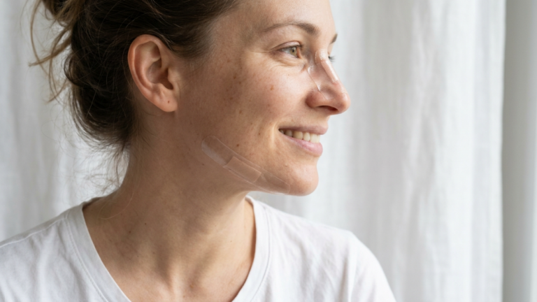 A professional editorial-style portrait captured with an 85mm macro lens at f/2.8, showcasing hyper-realistic 8K clarity. The lighting is soft and natural, diffusing through a sheer fabric, creating a clean, high-key atmosphere that accentuates the subject's profile. The subject, a woman in her late 20s, is captured in a gentle profile pose with a relaxed, positive expression. Her skin texture is rendered with exquisite detail, revealing natural pores and delicate freckles, punctuated by minimal adhesive medical strips—one on the bridge of her nose and another on her jawline—suggesting a post-procedural recovery phase. She is wearing a simple, high-quality white cotton crew-neck t-shirt. The composition is focused on the facial structure and serene expression, with a soft-focus, minimalist white background that evokes a clinical yet warm and tranquil aesthetic.