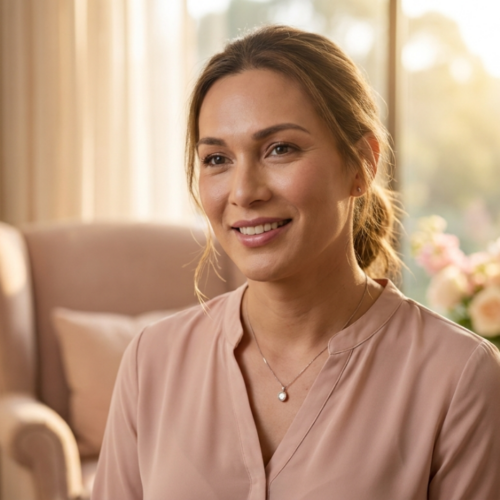 A high-end, hyper-realistic portrait of a woman in her 30s, captured with an 85mm portrait lens to achieve a shallow depth of field and professional bokeh. The lighting is soft and diffused, characteristic of natural golden hour sunlight streaming through a window, creating a warm, ethereal glow that highlights her gentle smile and natural, radiant skin texture. She is elegantly dressed in a dusty pink blouse with a soft, breathable fabric, complemented by a delicate silver chain necklace with a single pendant. The composition is centered, focusing on her serene expression, with a blurred, luxurious interior background featuring muted tones, floral arrangements, and a comfortable armchair, evoking a sense of refined, intimate sophistication. The image quality is exceptional, emphasizing fine details like the subtle luminescence on her skin and the soft draping of the fabric.