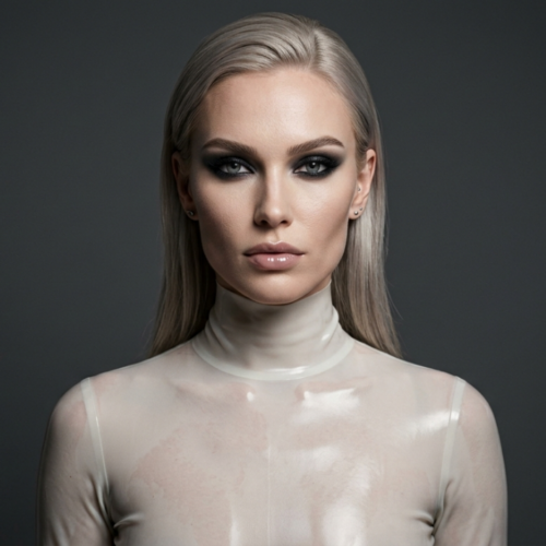 صورة فوتوغرافية فائقة الواقعية بدقة 8K، تُصوّر امرأة بشعر أشقر بلاتيني ونظرة ثاقبة مباشرة. التُقطت الصورة بعدسة 85 مم للحصول على عمق مجال ضحل وضغط مثالي للوجه، ما يُبرز إضاءة الاستوديو الدرامية عالية التباين التي تُضفي على ملامح وجهها جمالًا أخّاذًا. ترتدي المرأة ثوبًا أبيض شفافًا من اللاتكس ذو ياقة عالية، يتميز بملمس لامع يُشبه البلل، ويعكس الضوء ببريق مصقول. مكياجها جريء وعصري، يتسم بعيون دخانية داكنة وشفاه لامعة بلون محايد. تم رسم ملمس البشرة بتفاصيل دقيقة، محافظًا على مظهر نقيّ كبشرة البورسلين. تقف المرأة أمام خلفية رمادية داكنة هادئة وبسيطة، تُوحي بجمالية راقية ومستقبلية مستوحاة من أفلام النوار.