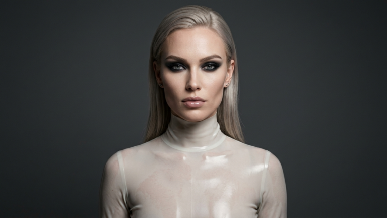 A high-fashion, hyper-realistic 8K editorial portrait featuring a woman with platinum blonde hair and a piercing, direct gaze. Captured with an 85mm prime lens for shallow depth of field and optimal facial compression, the image showcases dramatic, high-contrast studio lighting that carves out her refined facial structure. The subject is wearing a high-necked, translucent white latex garment that possesses a wet-look, glossy texture, reflecting light with polished luminescence. Her makeup is bold and avant-garde, characterized by heavy charcoal smokey eyes and neutral-glossed lips. The skin texture is rendered with exquisite detail, maintaining a clean, porcelain finish. She is positioned against a minimalist, muted charcoal-grey backdrop, evoking a sophisticated, futuristic, and noir-inspired luxury aesthetic.