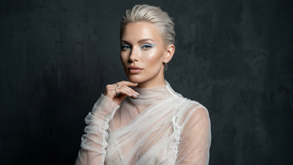Un ritratto editoriale iperrealistico in 8K di una donna con capelli corti biondo platino, acconciati in un elegante taglio tirato indietro. Scattata con un obiettivo da ritratto da 85 mm, l'immagine enfatizza l'estetica dell'alta moda. L'illuminazione è sofisticata e direzionale, con un gioco di luci e ombre che scolpisce i lineamenti del viso, evidenziando una mandibola definita e zigomi scolpiti. L'incarnato è impeccabile, con una finitura luminosa e rugiadosa che cattura la luce con sottili micro-riflessi. Indossa un delicato top in tulle trasparente e arricciato color avorio, che emana un'eleganza eterea ma moderna. Il trucco è minimalista, impreziosito da un eyeliner blu grafico deciso, e le sue dita sono adornate da anelli d'argento minimalisti. La modella è in posa contemplativa ed elegante, con una mano appoggiata vicino al mento. Lo sfondo è una tela scura e cupa, con una texture color carbone, che crea un'atmosfera cinematografica di ispirazione noir, focalizzando tutta l'attenzione sullo sguardo intenso e sicuro del soggetto.