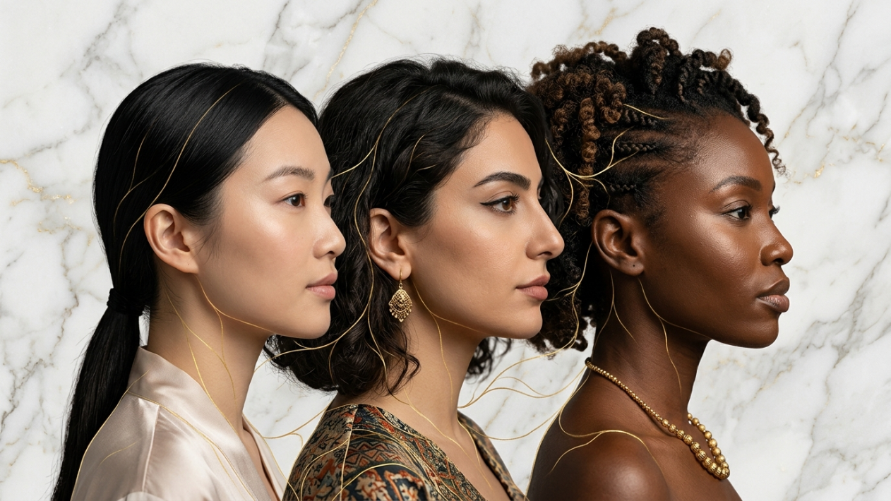 A high-end, hyper-realistic 8k editorial portrait captured with an 85mm prime lens, showcasing three women of diverse ethnicities in profile. The lighting is soft and diffused, emphasizing the natural luminescence of their skin tones and sculpting their facial features with delicate precision. Each subject displays a graceful, poised posture, highlighting refined anatomy. The skin textures are immaculate, rendered with meticulous attention to natural pores and subtle radiance. They are adorned in sophisticated attire: silk, ornate printed textiles, and fine gold jewelry. The composition is set against a luxurious white Carrara marble backdrop, punctuated by ethereal, thin gold lines that weave through the subjects like veins of light, evoking a sense of organic elegance and artistic fusion. The overall atmosphere is one of timeless, high-fashion serenity.