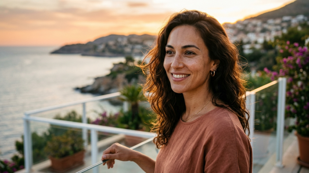 A hyper-realistic, 8k editorial portrait captured with an 85mm prime lens, focusing on a radiant woman with wavy brunette hair and subtle freckles. The scene is bathed in the golden-hour glow of a dramatic sunset, with soft, directional light highlighting her features and creating a natural, warm luminescence on her skin. She is positioned on a terrace overlooking a tranquil coastal landscape, embodying a serene and elegant demeanor. She wears a relaxed-fit terracotta linen top, complementing the warm tones of the setting. The composition uses a shallow depth of field, blurring the coastal backdrop and lush flora, emphasizing an atmosphere of luxurious, Mediterranean tranquility. The image quality is pristine, capturing micro-details in her hair, skin texture, and the gentle reflection of the setting sun on her face.