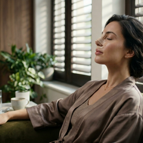 A high-resolution, professional DSLR-style portrait captured with an 85mm prime lens, creating a soft, cinematic depth of field. The image depicts a woman in a serene, post-operative state, sitting in a luxurious interior. Natural, directional light streams through wooden window shutters, creating a gentle chiaroscuro effect that highlights her graceful posture and smooth, glowing complexion. She wears a relaxed, earth-toned satin-silk robe with a subtle luster. Her nose is adorned with medical adhesive tapes, denoting a post-rhinoplasty recovery phase. The background features a sophisticated blend of dark wood paneling and a lush indoor plant, fostering an atmosphere of calm, refined convalescence. On a nearby marble-topped side table, a medicine bottle and a glass of water are visible, adding to the narrative of care and recovery. The overall color palette is warm and muted, emphasizing elegance and tranquility.