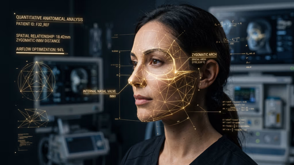 Fotografía editorial digital de alta resolución 4K que captura a una paciente en un entorno clínico de alta tecnología, que recuerda a imágenes médicas avanzadas o análisis estéticos forenses. Tomada con un objetivo fijo de 85 mm para una compresión de retrato favorecedora, la imagen se centra en el perfil de la paciente, resaltando su refinada estructura ósea y sus rasgos faciales equilibrados. La iluminación, de precisión, presenta una luz ambiental nítida y de tonos fríos que interactúa con sofisticadas superposiciones de malla amarilla bioluminiscente que mapean su arco cigomático y anatomía facial. La paciente exhibe una actitud serena y equilibrada, con una piel de textura hiperrealista: natural, suave y mate, que refleja la precisa luz digital. Viste un sencillo atuendo médico oscuro, que contrasta con las vibrantes visualizaciones de datos y fórmulas matemáticas que flotan en primer plano. El fondo es un centro médico con efecto bokeh, creando una atmósfera de precisión vanguardista, lujo aséptico e innovación científica.
